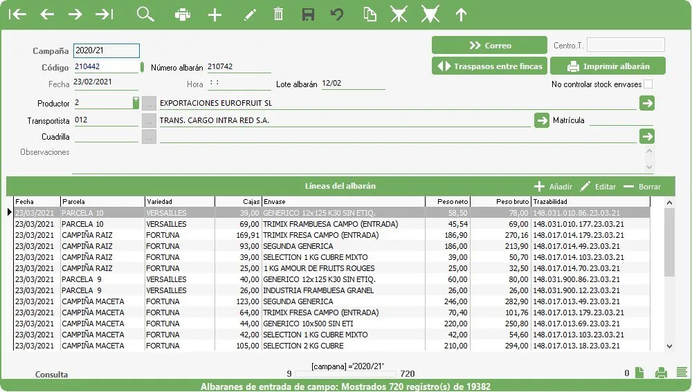 Albarán de entrada de campo en Agrocom: campaña, código, productor, transportista, cuadrilla y líneas con parcela, variedad, cajas, envase, peso neto, peso bruto y trazabilidad