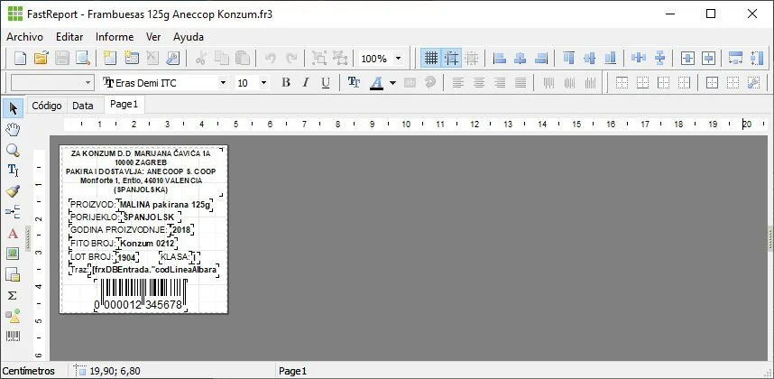 Editor de etiquetas de Agrocom con el diseño de una etiqueta de tarrina de frambuesas con código de barras y datos de trazabilidad