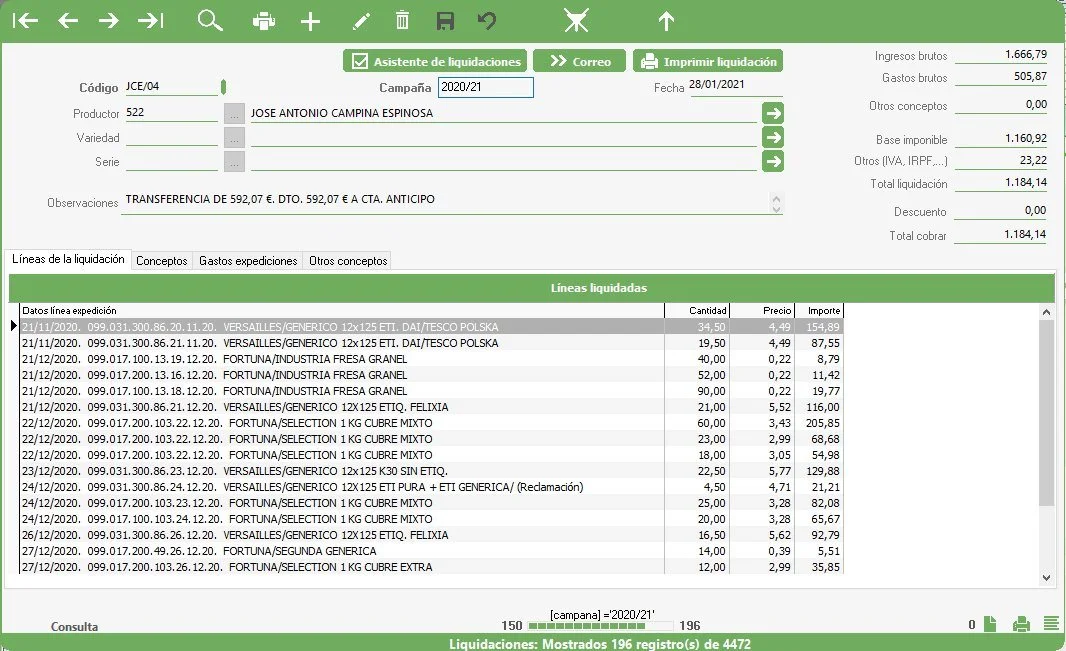 Liquidación a productor en Agrocom: asistente de liquidaciones, productor, campaña, líneas liquidadas con cantidad, precio e importe, ingresos, gastos, base imponible y total a cobrar
