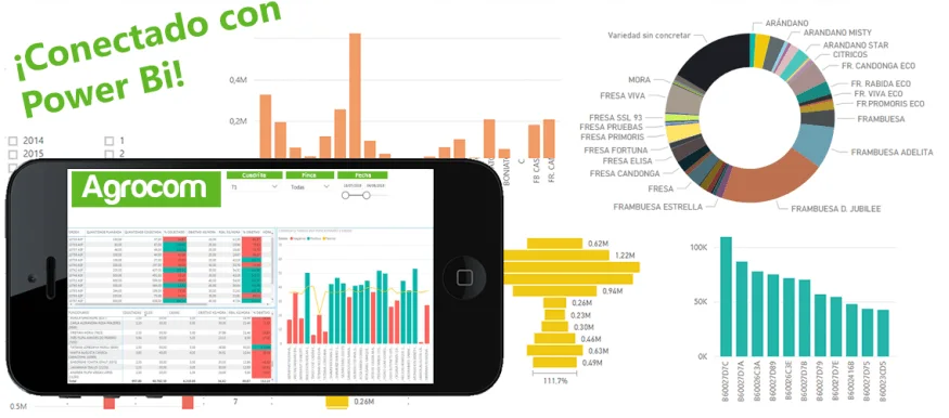 Cuadro de mando de Agrocom en Power BI visto en un móvil, con gráficos de ventas por variedad y por cliente